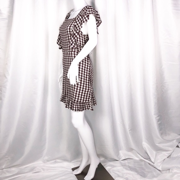 Topshop Dresses & Skirts - Topshop Brown & White Gingham Sq Neck Ruffles Sz 6